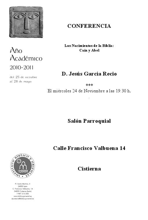 AGENDA IBO – Conferencia de Jesús García Recio: «Los nacimientos de la Biblia: Caín y Abel» (Cistierna, 24-XI-2010)