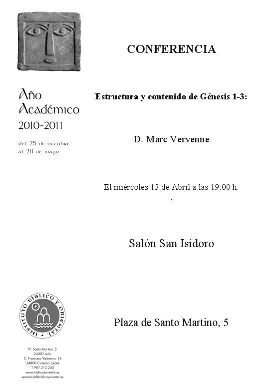 AGENDA IBO – Conferencia de Marc Vervenne: «Estructura y contenido de Génesis 1-3» (León, 13-IV-2011)