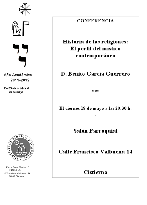 AGENDA IBO – Conferencia «El perfil del místico contemporáneo», de B. García Guerrero (Cistierna, 18-V-2012)