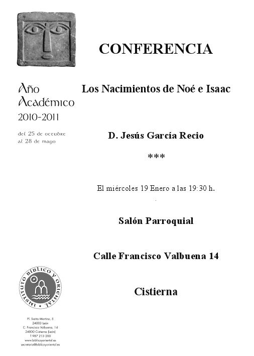 AGENDA IBO – Conferencia de Jesús García Recio: «Los nacimientos de Noé e Isaac» (Cistierna,19-I-2011)