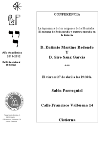 Lee más sobre el artículo AGENDA IBO – Conferencia de Eutimio Martino y Siro Sanz: «El entorno de Peñacorada y nuestra entrada en la Historia» (Cistierna, 27-IV-2012)